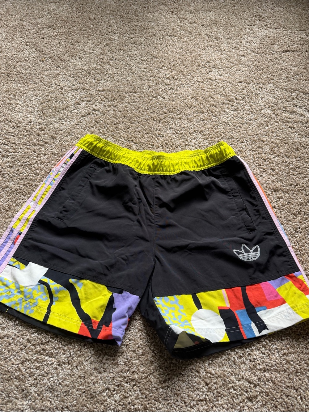 adidas Men’s Black Athletic Shorts with Neon Yellow Waistband and Multicolor Hem